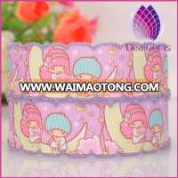 pink color 25mm width cartoon pattern satin ribbon with lacework